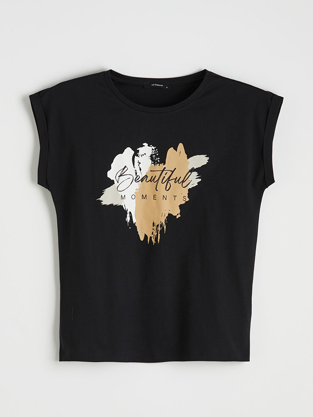 Siyah Bisiklet Yaka Baskılı Kadın Tişört-4