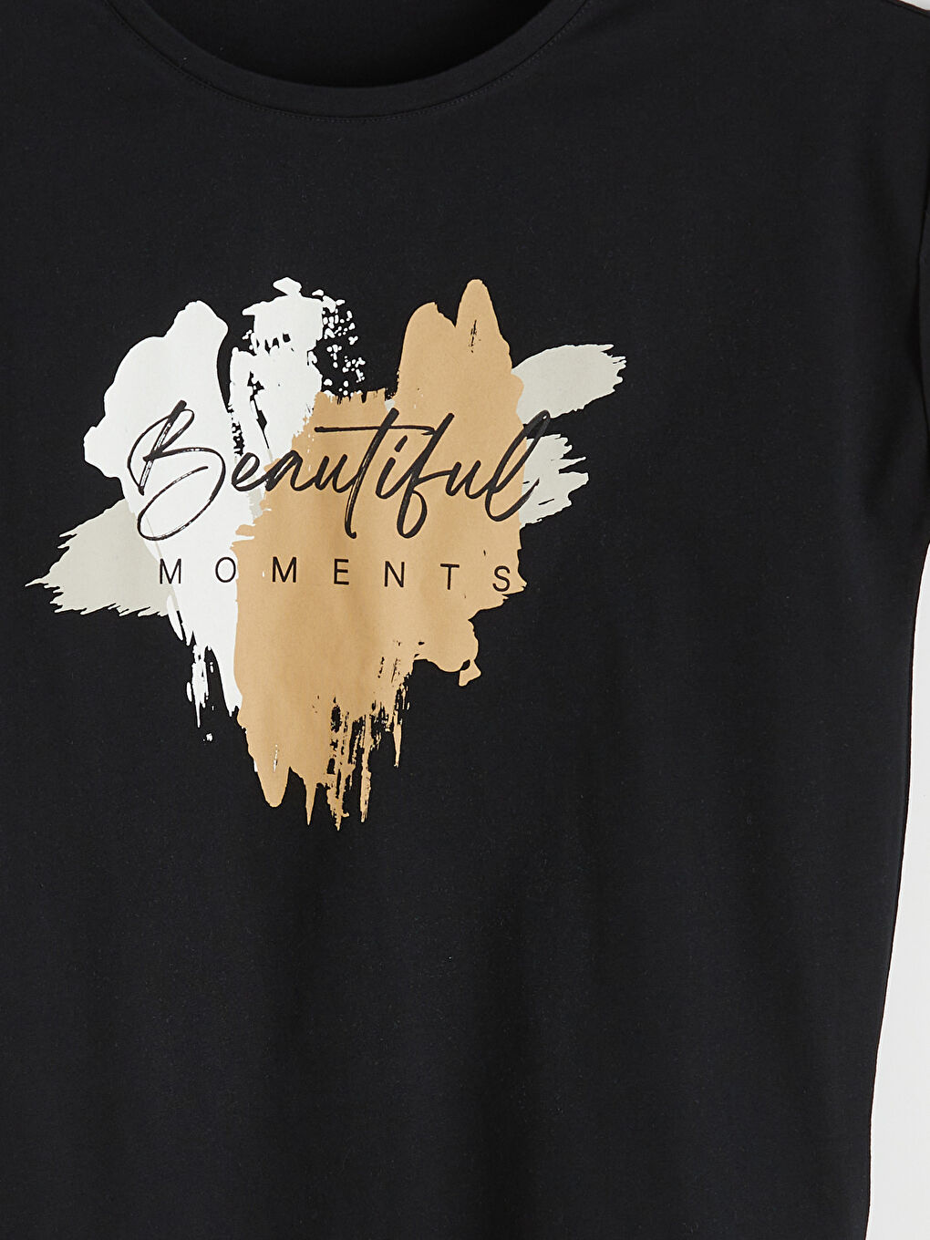 Siyah Bisiklet Yaka Baskılı Kadın Tişört-5