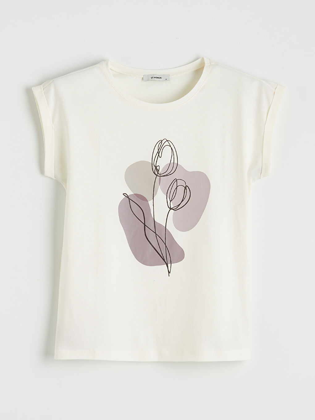 Ekru Bisiklet Yaka Baskılı Kadın Tişört-3