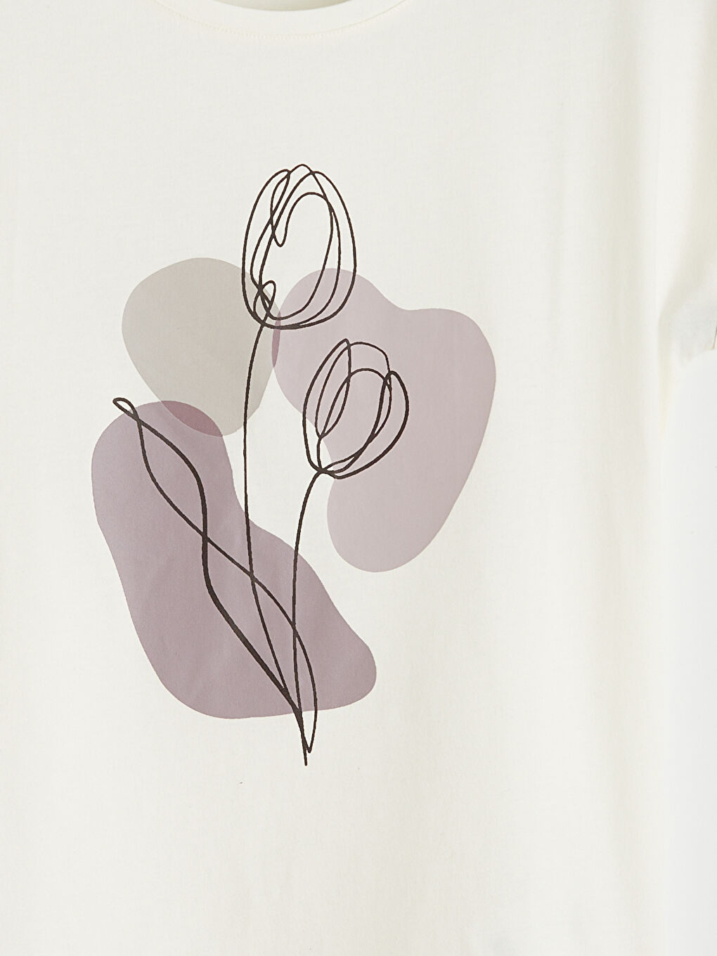 Ekru Bisiklet Yaka Baskılı Kadın Tişört-4