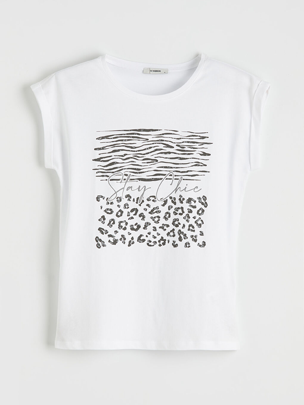 Beyaz Bisiklet Yaka Baskılı Kadın Tişört-4