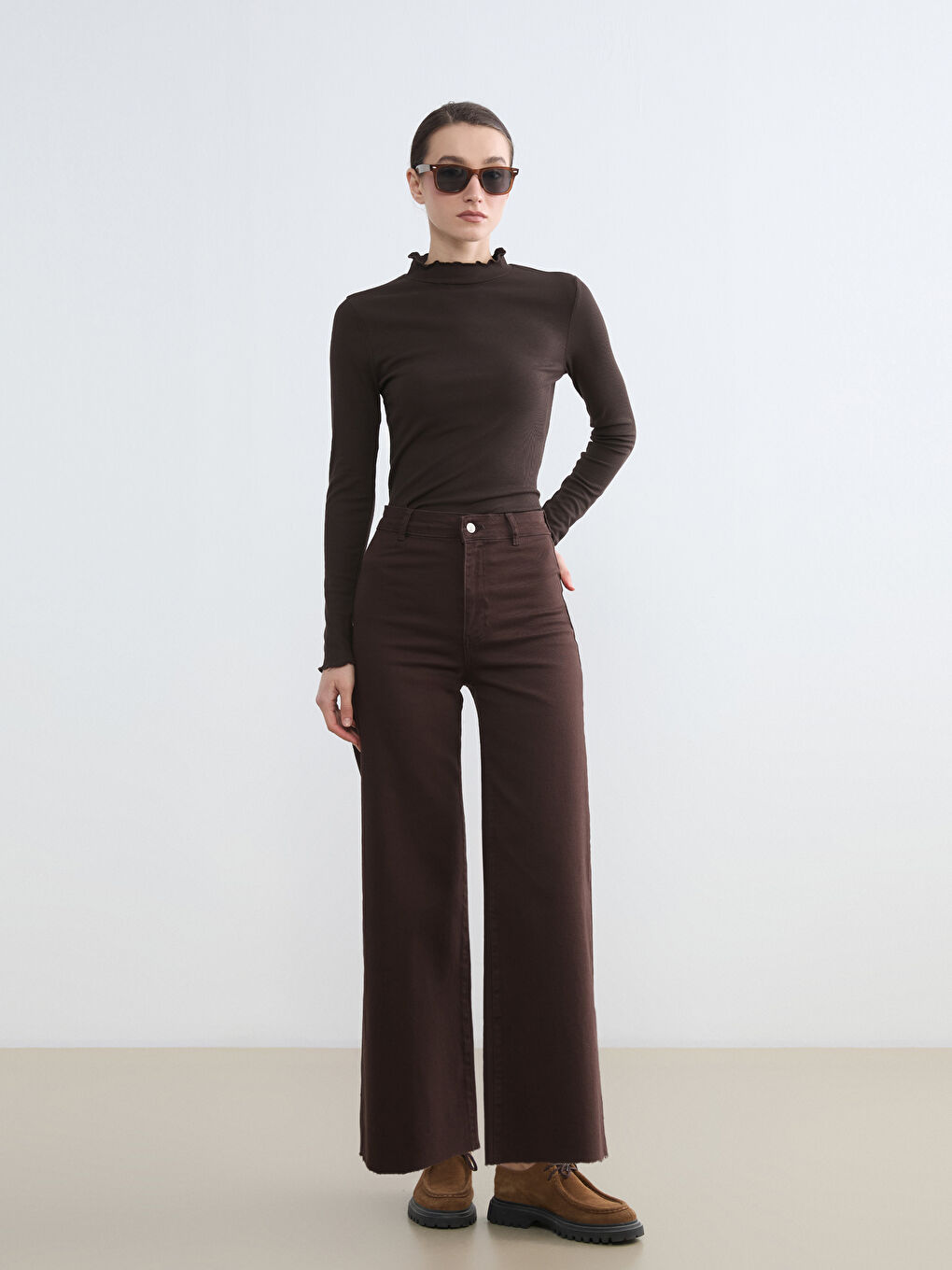 Kahverengi Wideleg Kadın Jean Pantolon