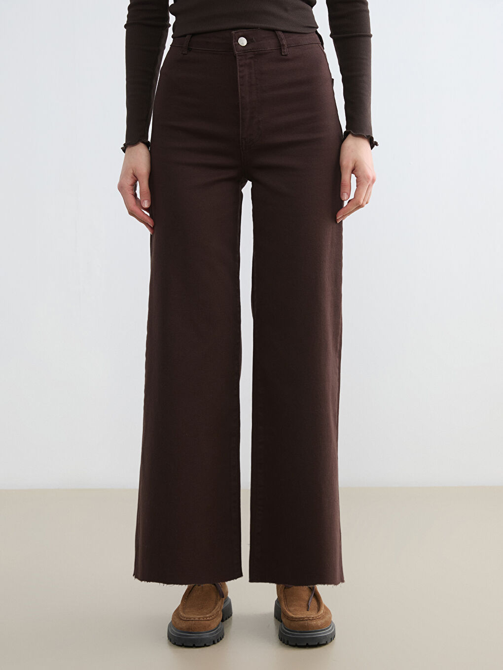 Kahverengi Wideleg Kadın Jean Pantolon-1