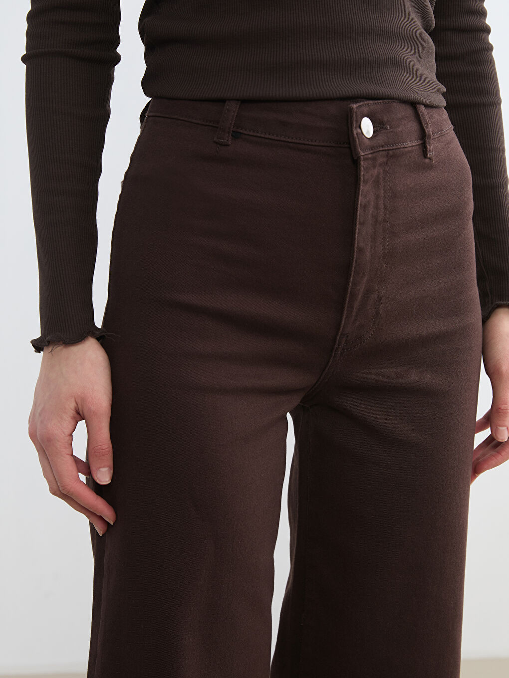 Kahverengi Wideleg Kadın Jean Pantolon-2