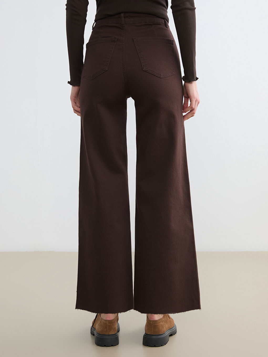 Kahverengi Wideleg Kadın Jean Pantolon-3