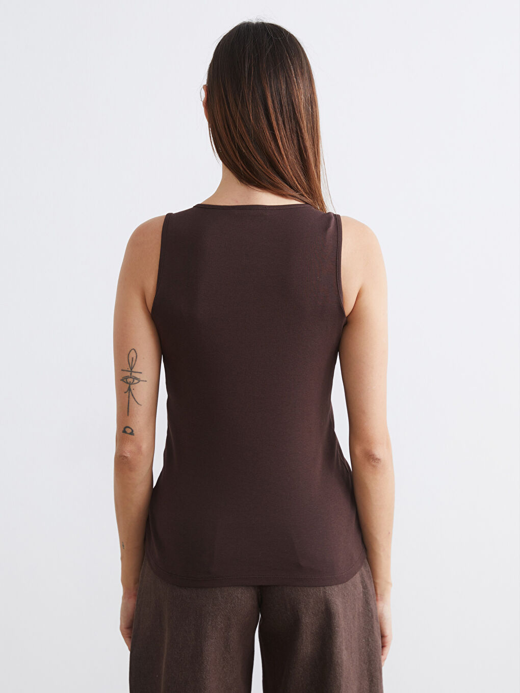 Kahverengi Büyük Beden Kare Yaka Taşlı Kadın Atlet-4