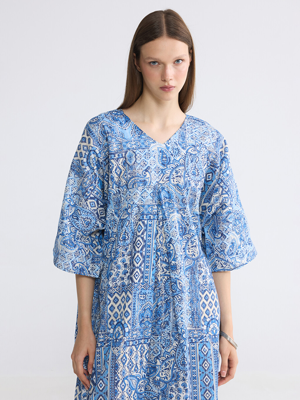 V Neck Patterned A Cut Dress-1