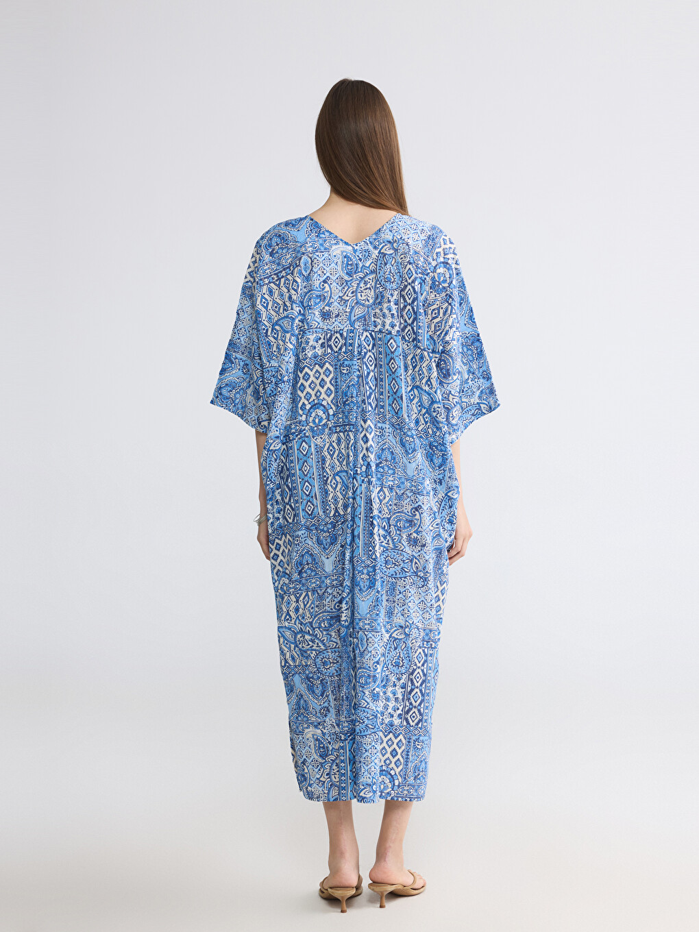 V Neck Patterned A Cut Dress-3