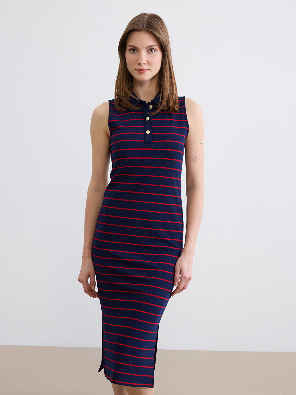 Polo Neck Striped Slit Dress