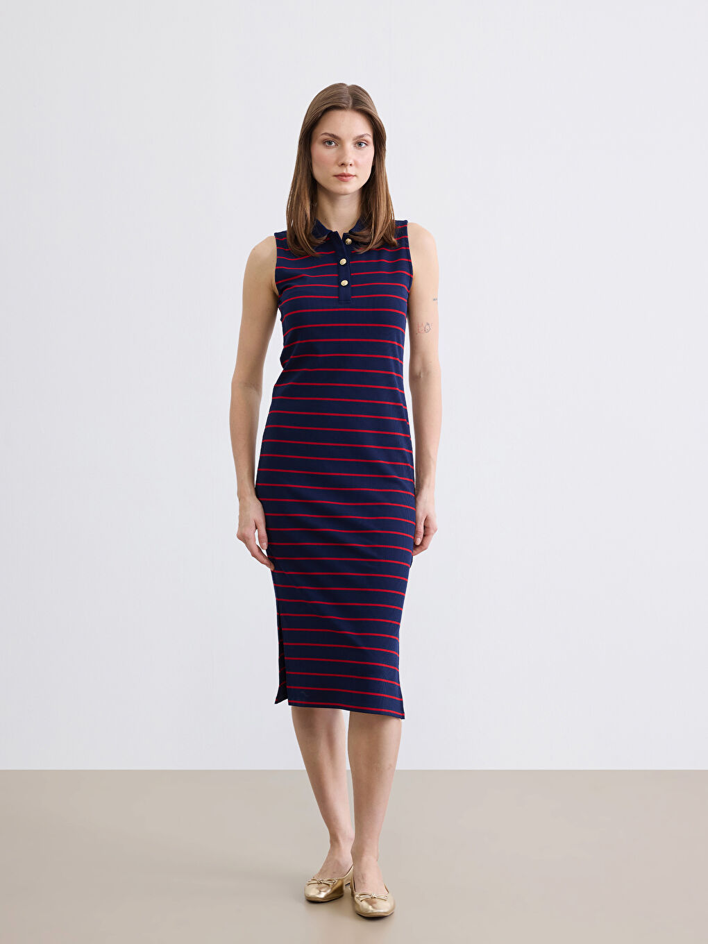 Polo Neck Striped Slit Dress-1