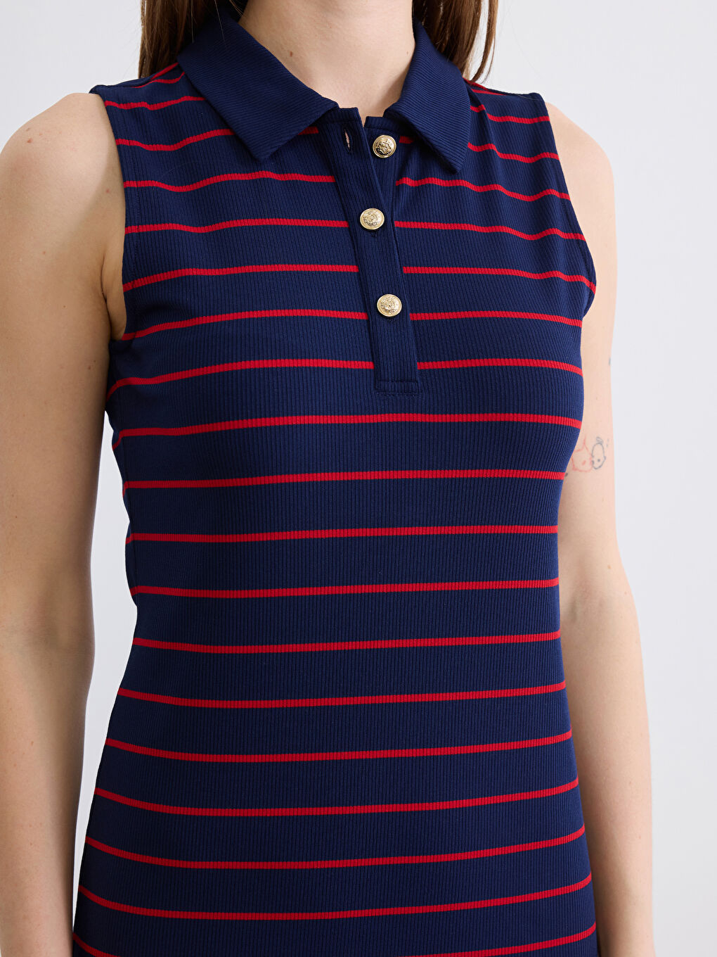 Polo Neck Striped Slit Dress-2