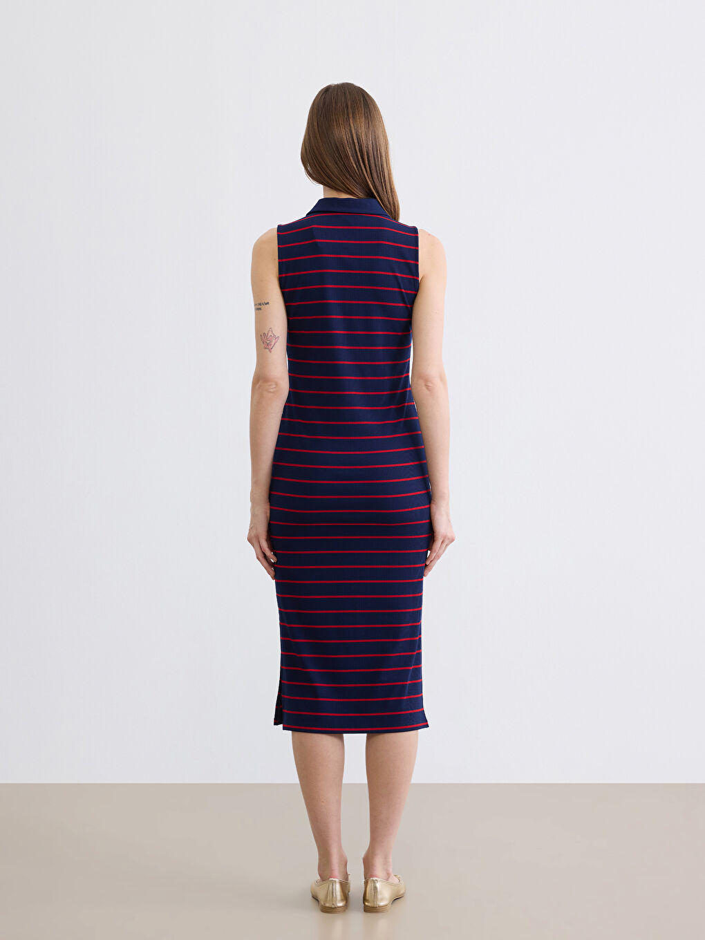 Polo Neck Striped Slit Dress-3