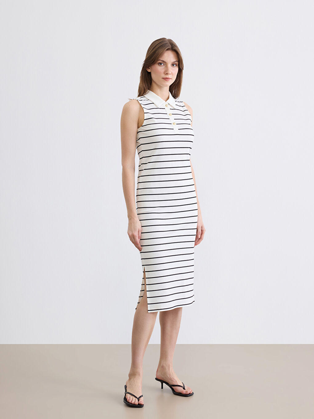 Polo Neck Striped Slit Dress-1