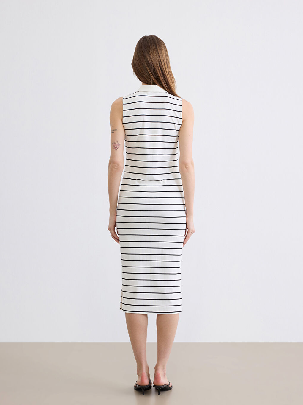 Polo Neck Striped Slit Dress-3