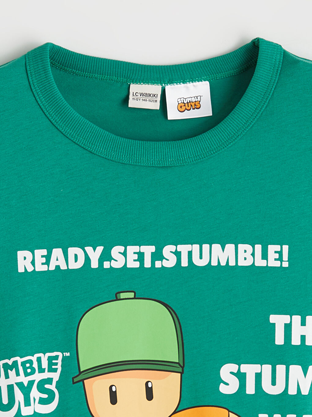 Yeşil Bisiklet Yaka Stumble Guys Baskılı Erkek Çocuk Tişört-1