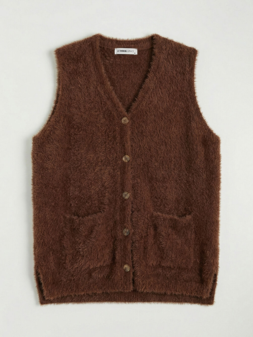 Kahverengi V Yaka Kadın Triko Yelek	