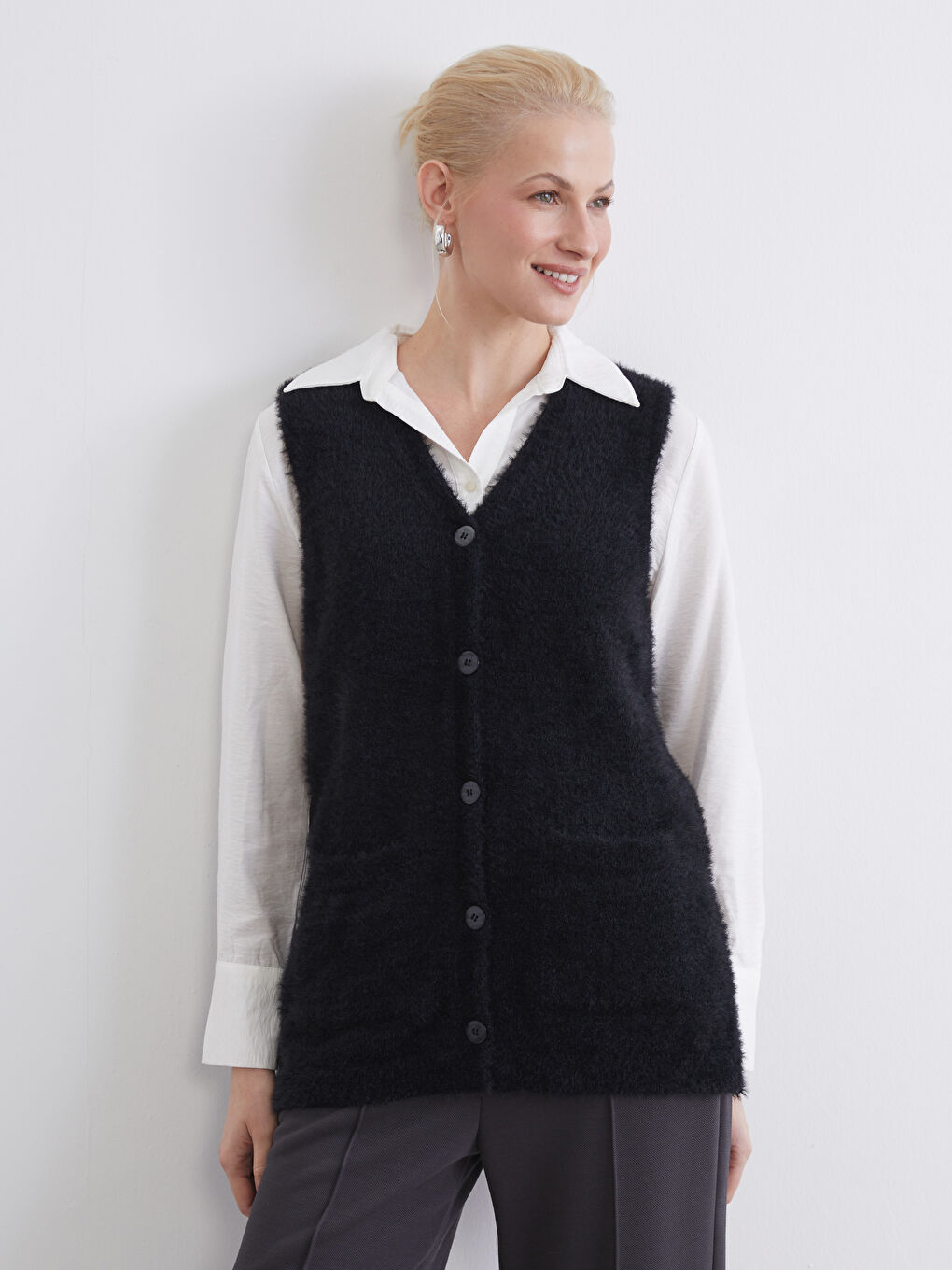 Gilet Tricoté Sans Manches à Encolure en V pour Femmes