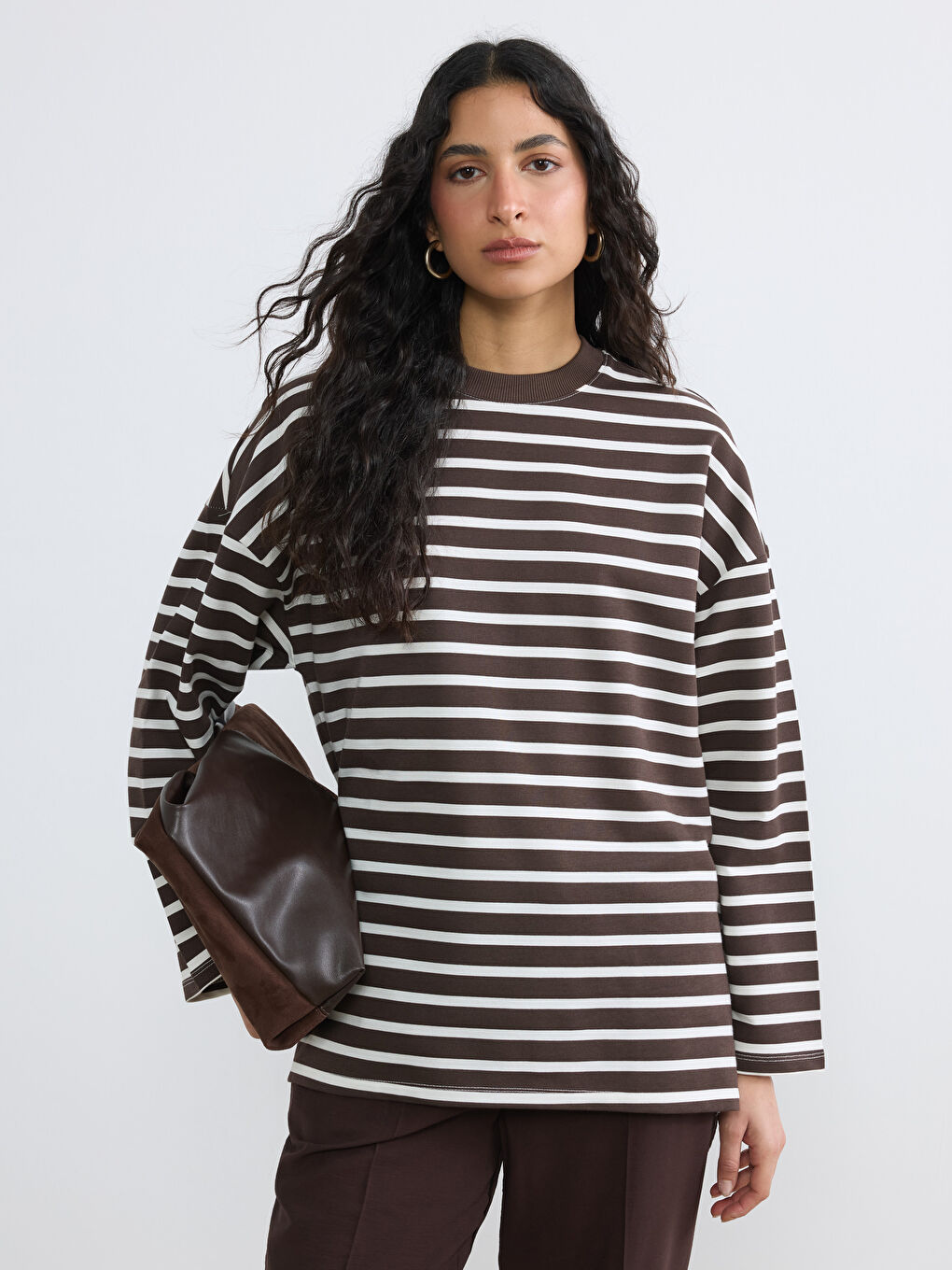 Ekru Çizgili Oversize Kadın Sweatshirt Tunik