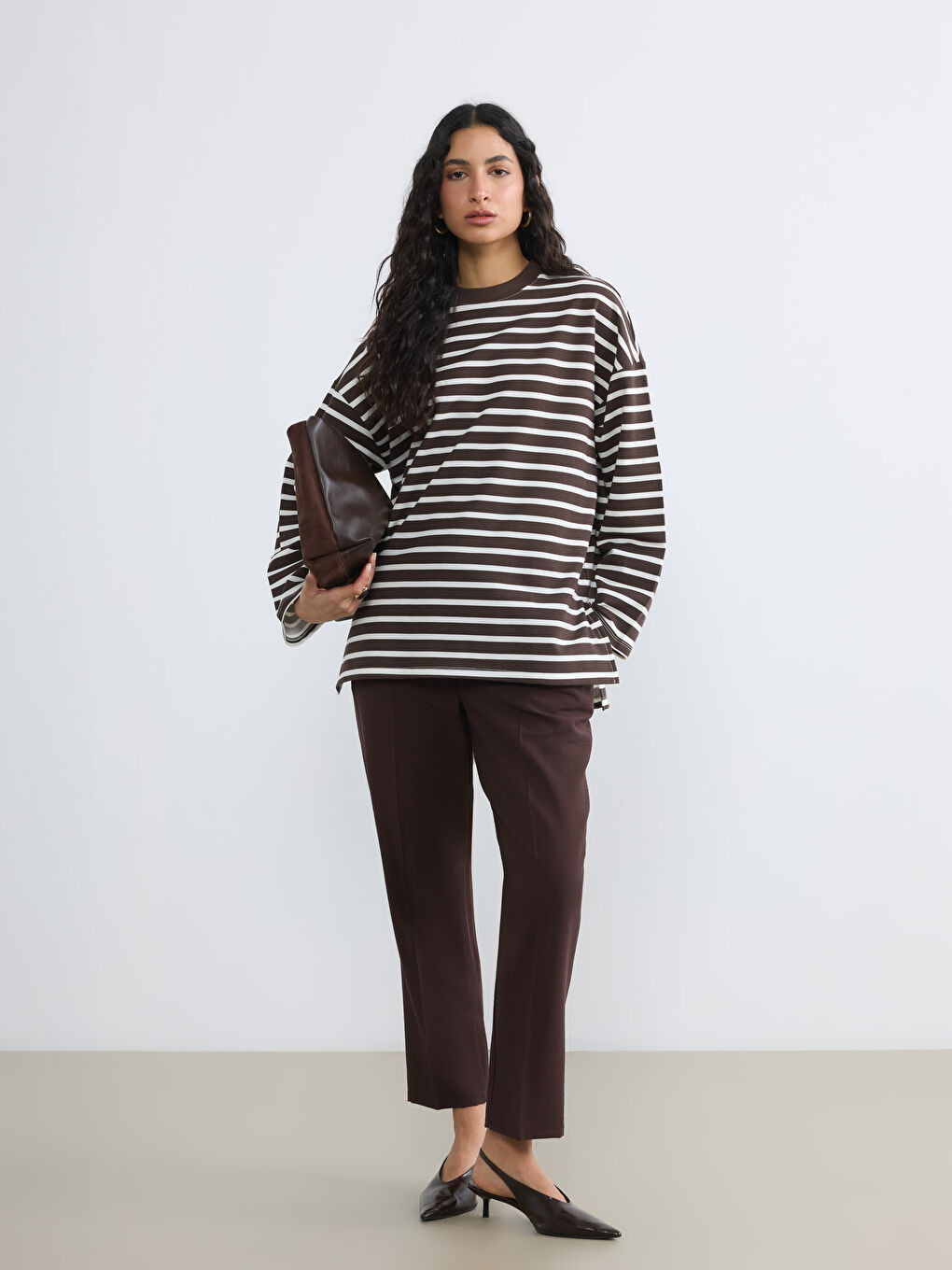 Ekru Çizgili Oversize Kadın Sweatshirt Tunik-1