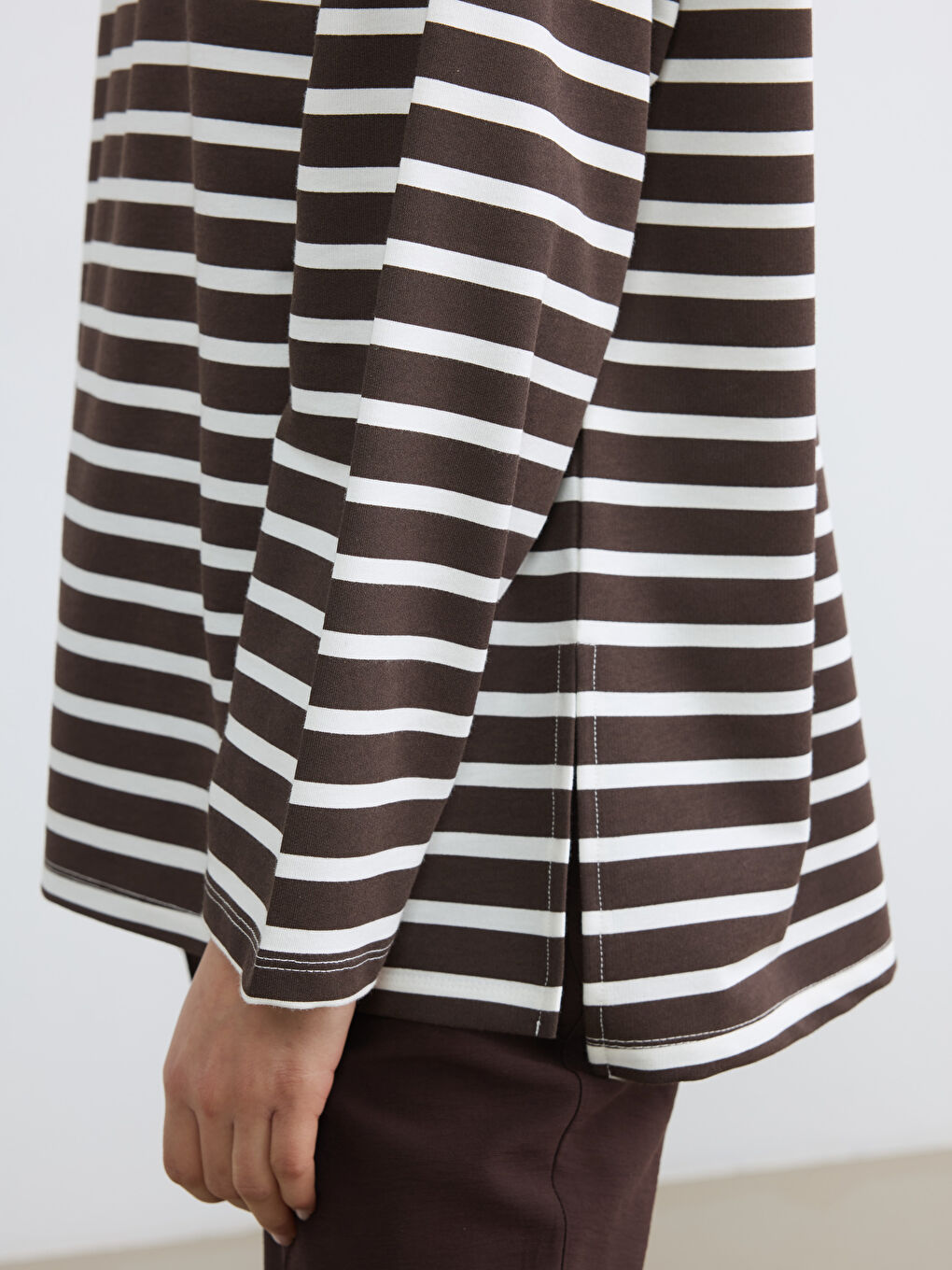 Ekru Çizgili Oversize Kadın Sweatshirt Tunik-2