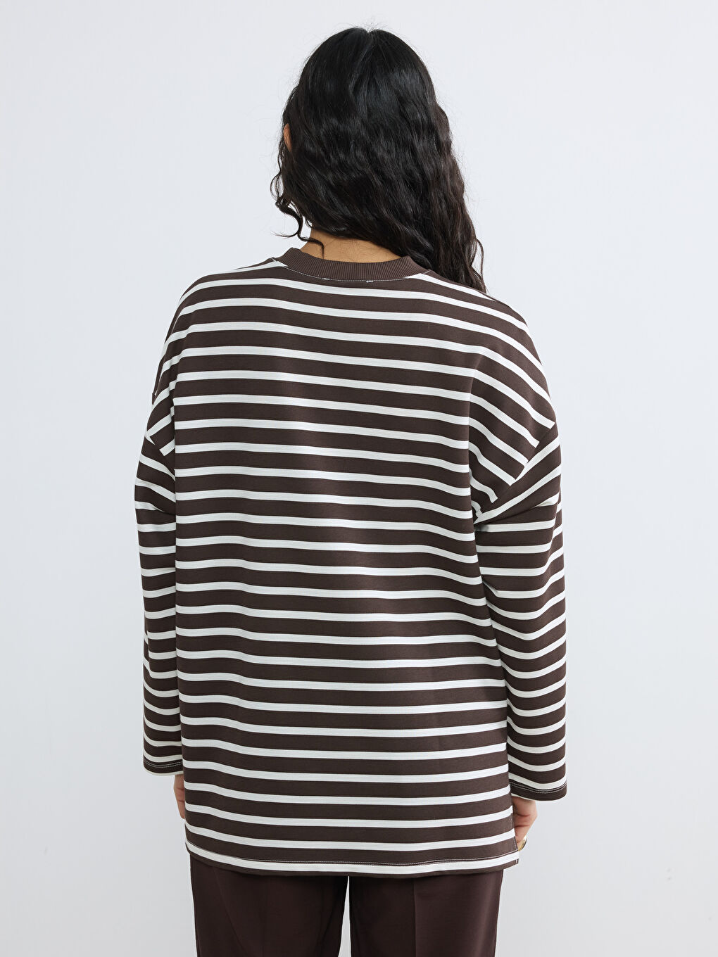 Ekru Çizgili Oversize Kadın Sweatshirt Tunik-3