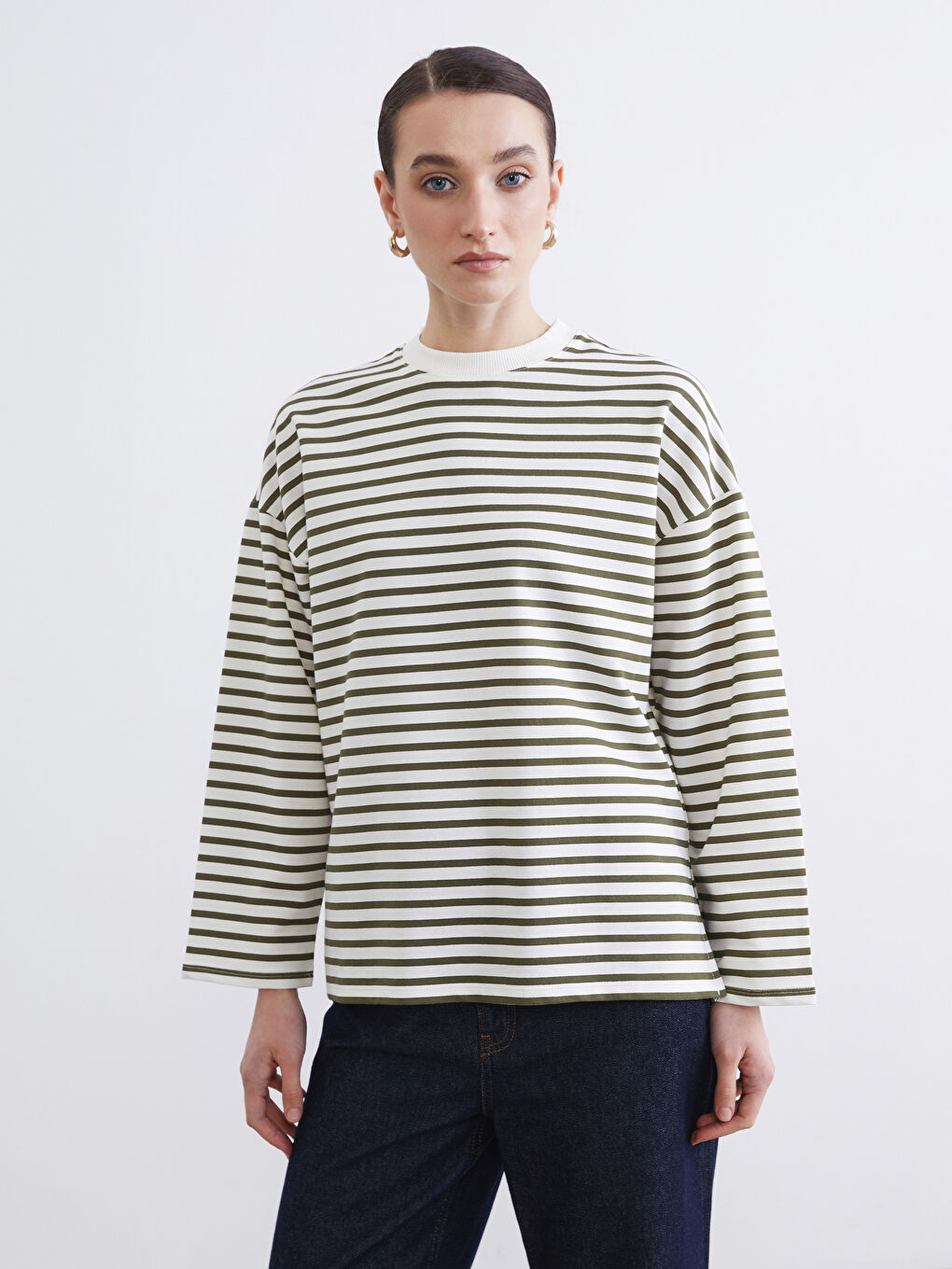 Haki Kadın Oversize Fit Çizgili Sweatshirt Tunik