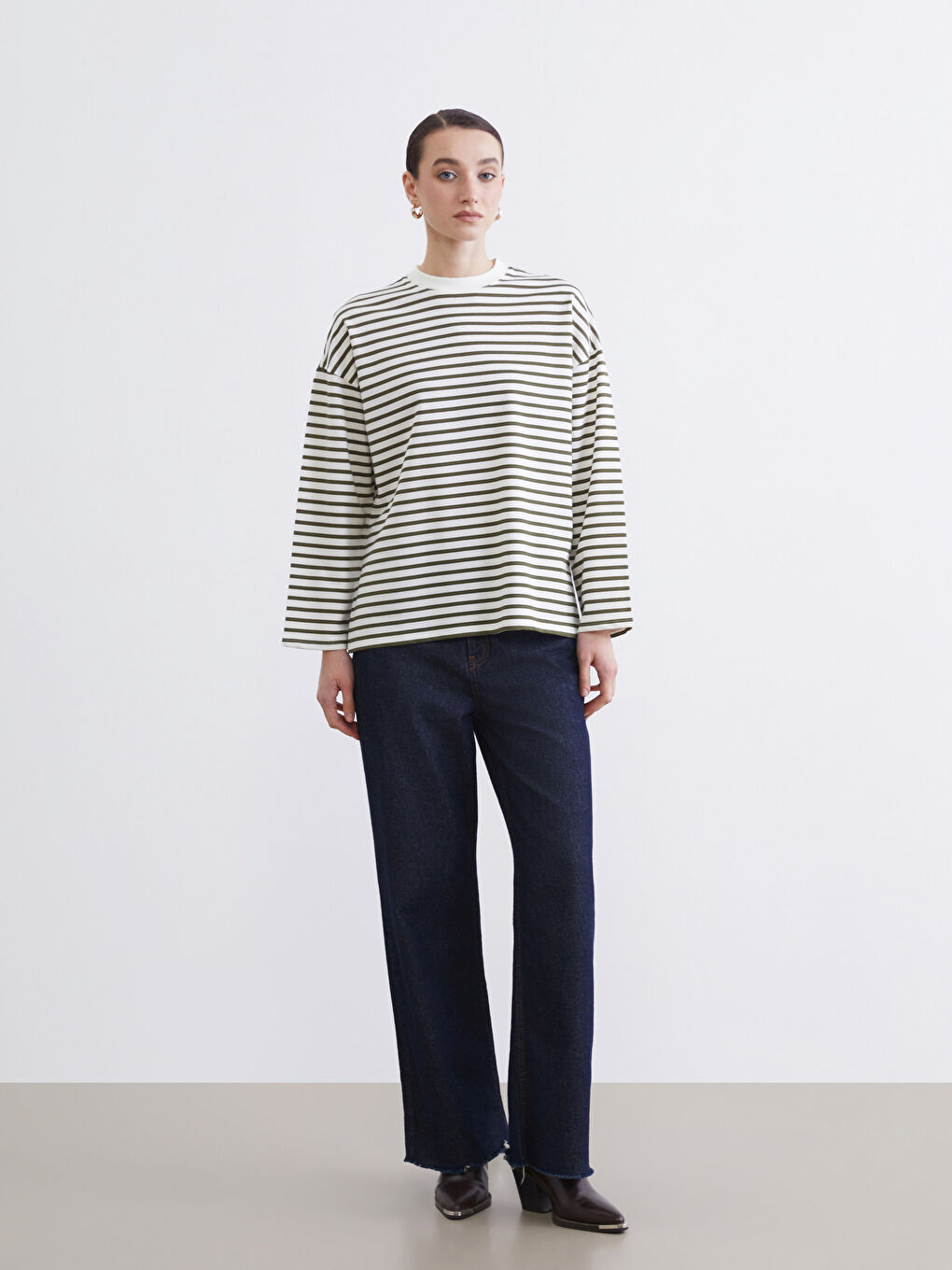 Haki Kadın Oversize Fit Çizgili Sweatshirt Tunik-1