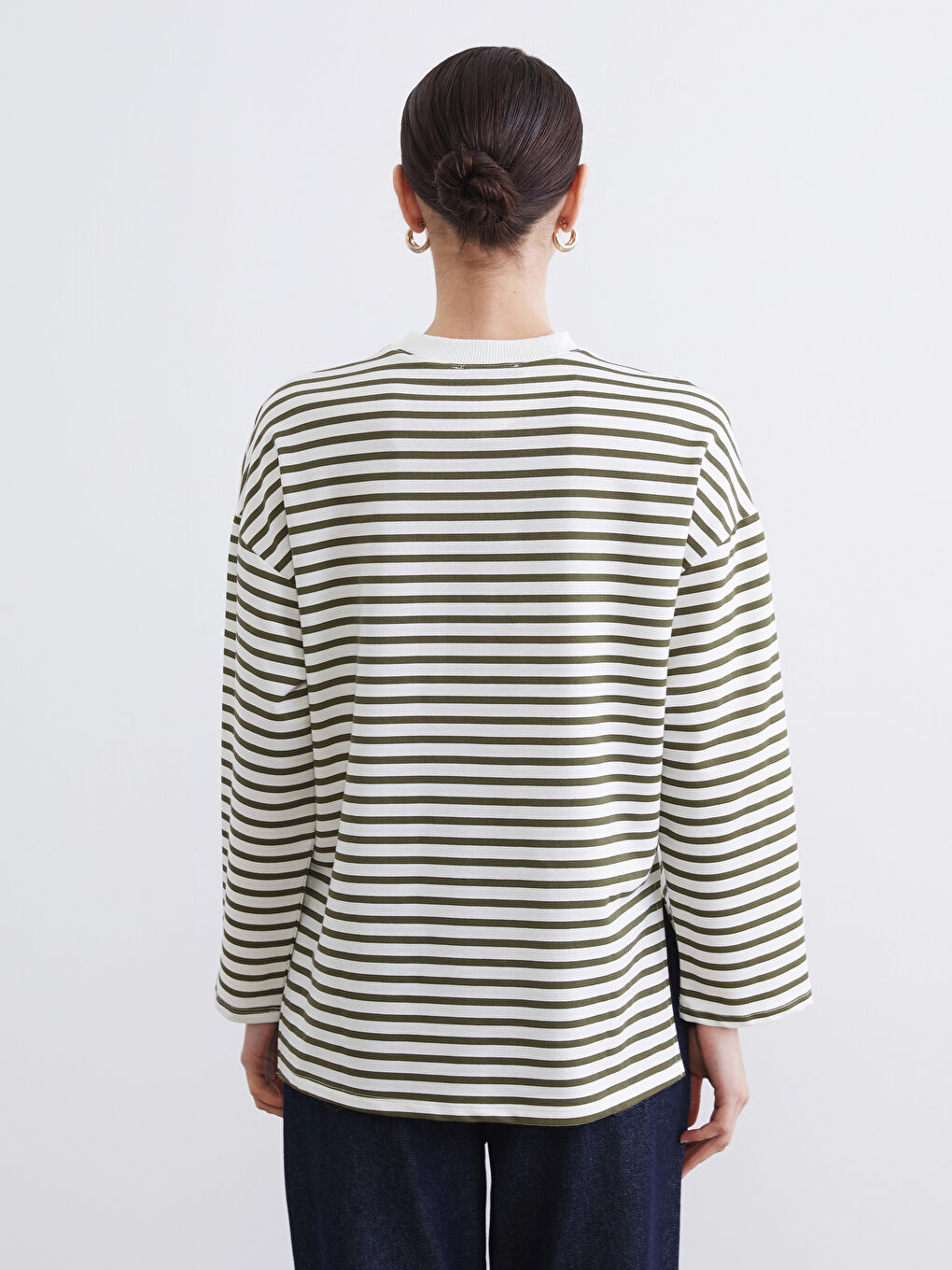 Haki Kadın Oversize Fit Çizgili Sweatshirt Tunik-3