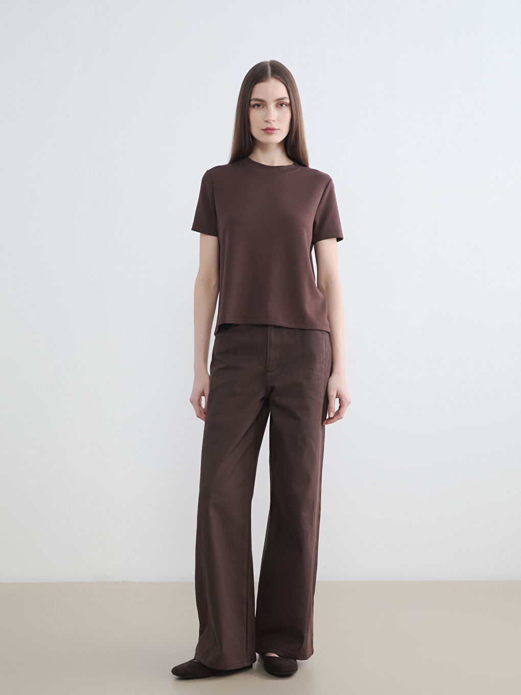 Kahverengi Regular Fit Geniş Paça Kadın Pantolon