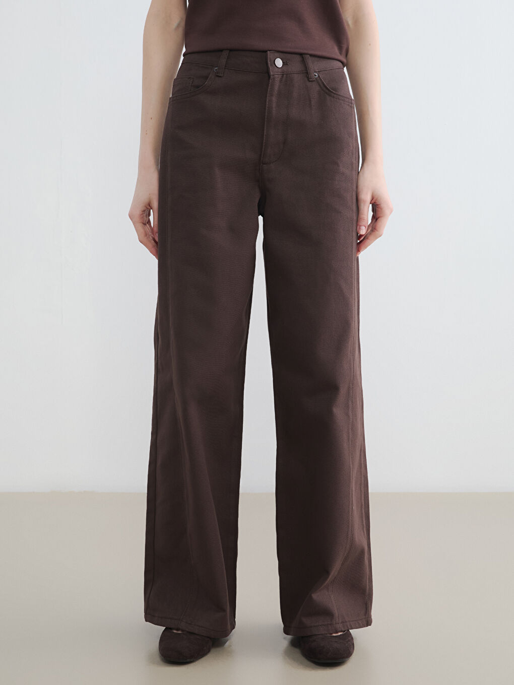 Kahverengi Regular Fit Geniş Paça Kadın Pantolon-1