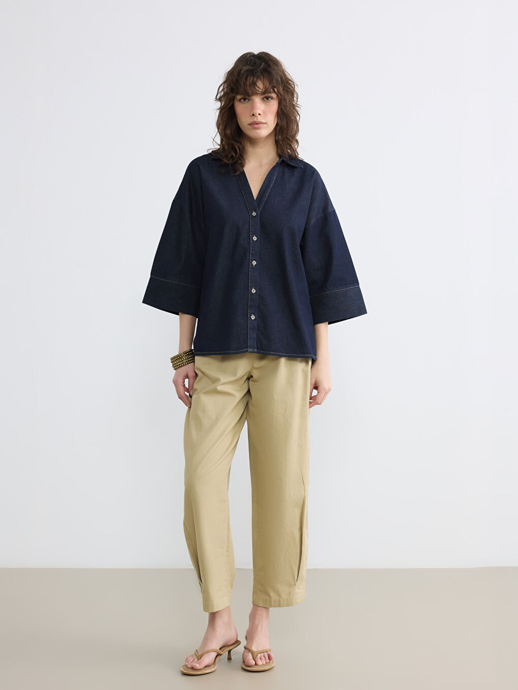 İndigo Loose Fit Kadın Jean Gömlek-1