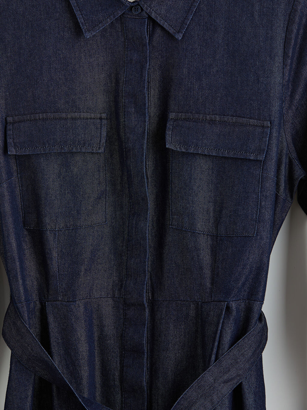 İndigo Gömlek Yaka Beli Kuşaklı Jean Elbise-2