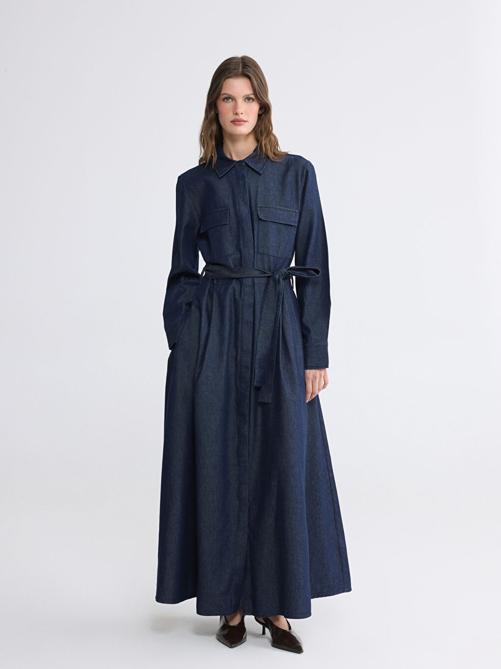 İndigo Gömlek Yaka Beli Kuşaklı Jean Elbise