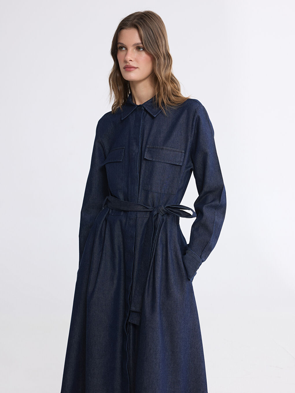İndigo Gömlek Yaka Beli Kuşaklı Jean Elbise-1