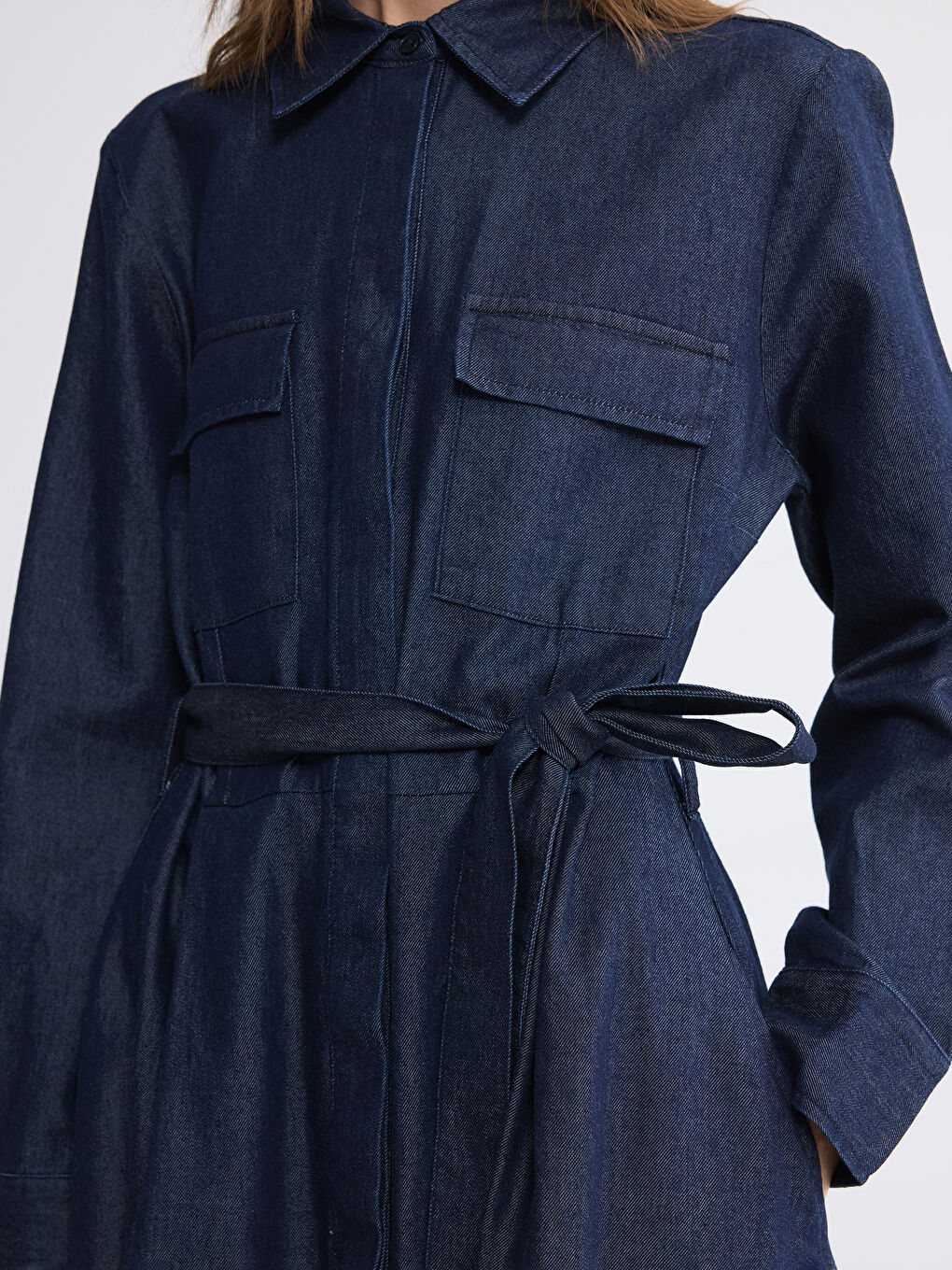 İndigo Gömlek Yaka Beli Kuşaklı Jean Elbise-2