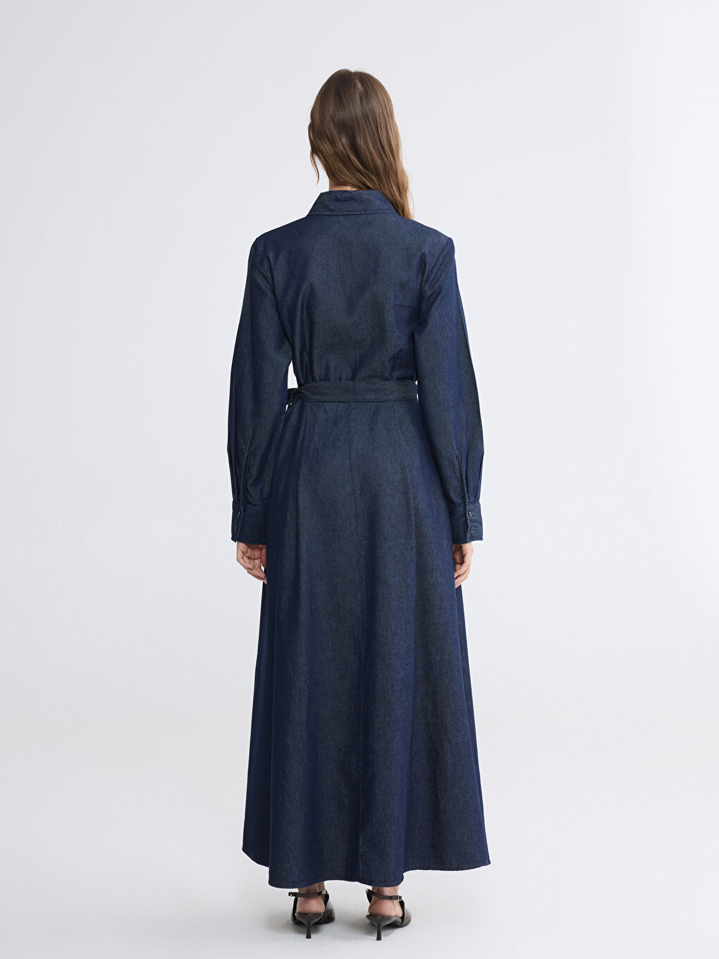 İndigo Gömlek Yaka Beli Kuşaklı Jean Elbise-3