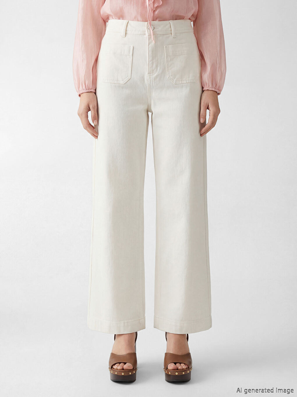 Beyaz Wideleg Kadın Jean Pantolon-1