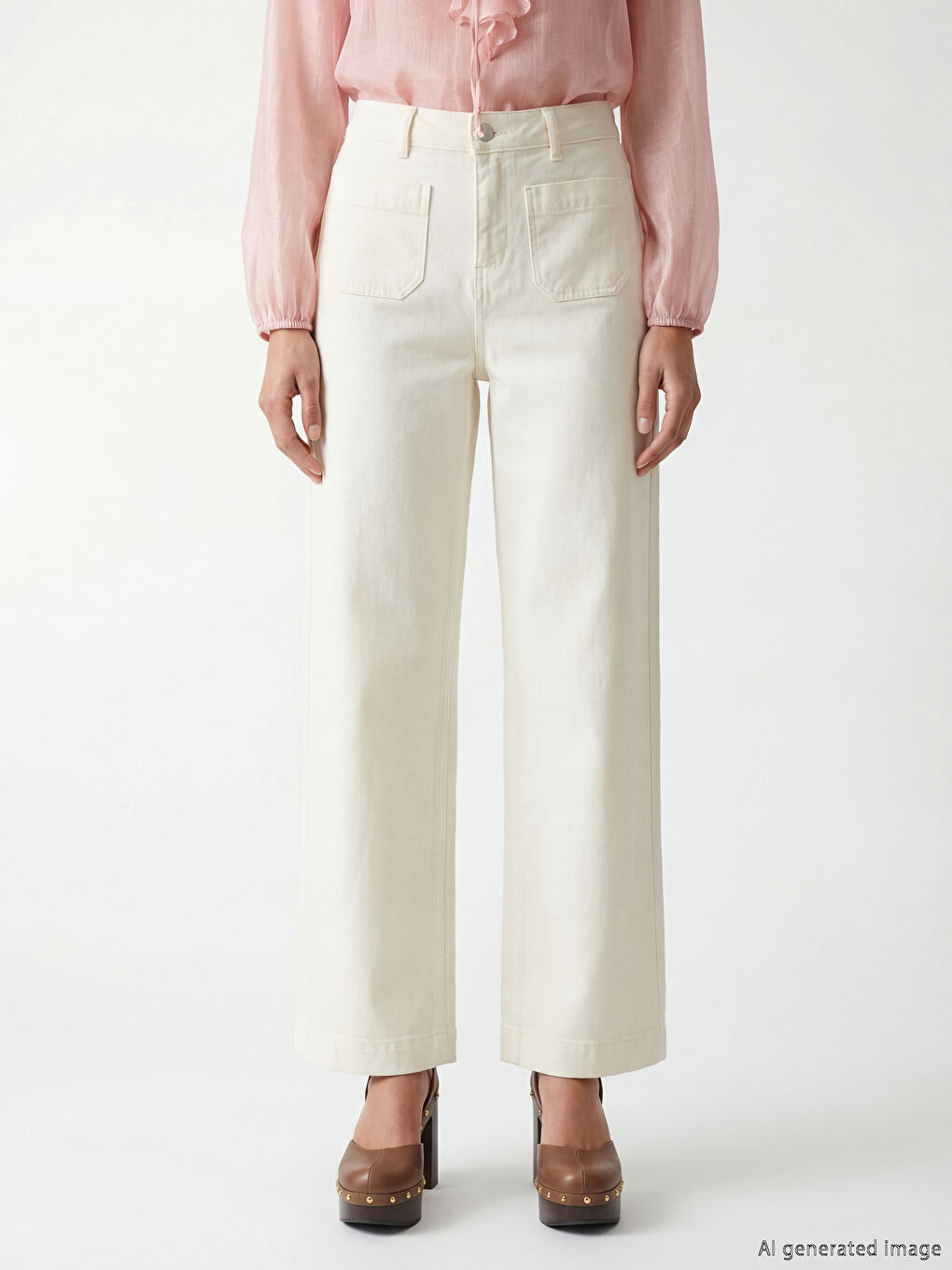 Beyaz Wideleg Kadın Jean Pantolon-1