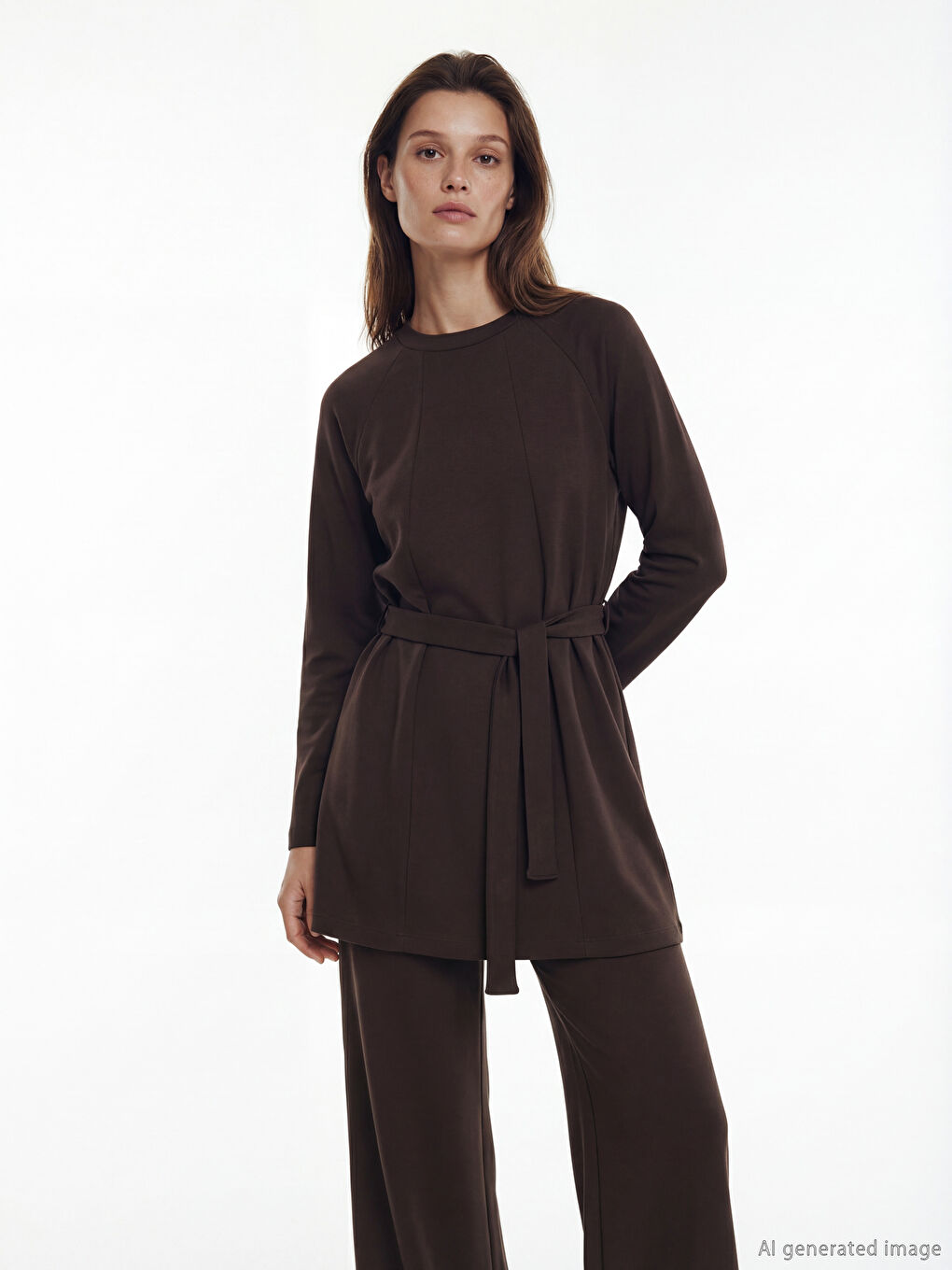 Kahverengi Bisiklet Yaka Soft Touch Kadın Sweatshirt Tunik