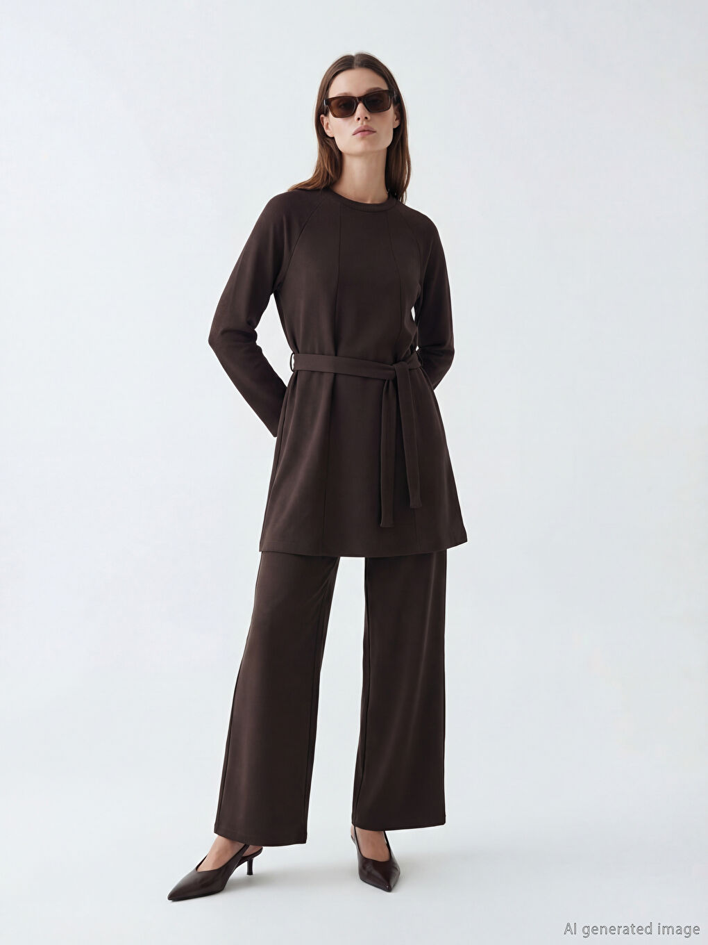 Kahverengi Bisiklet Yaka Soft Touch Kadın Sweatshirt Tunik-1