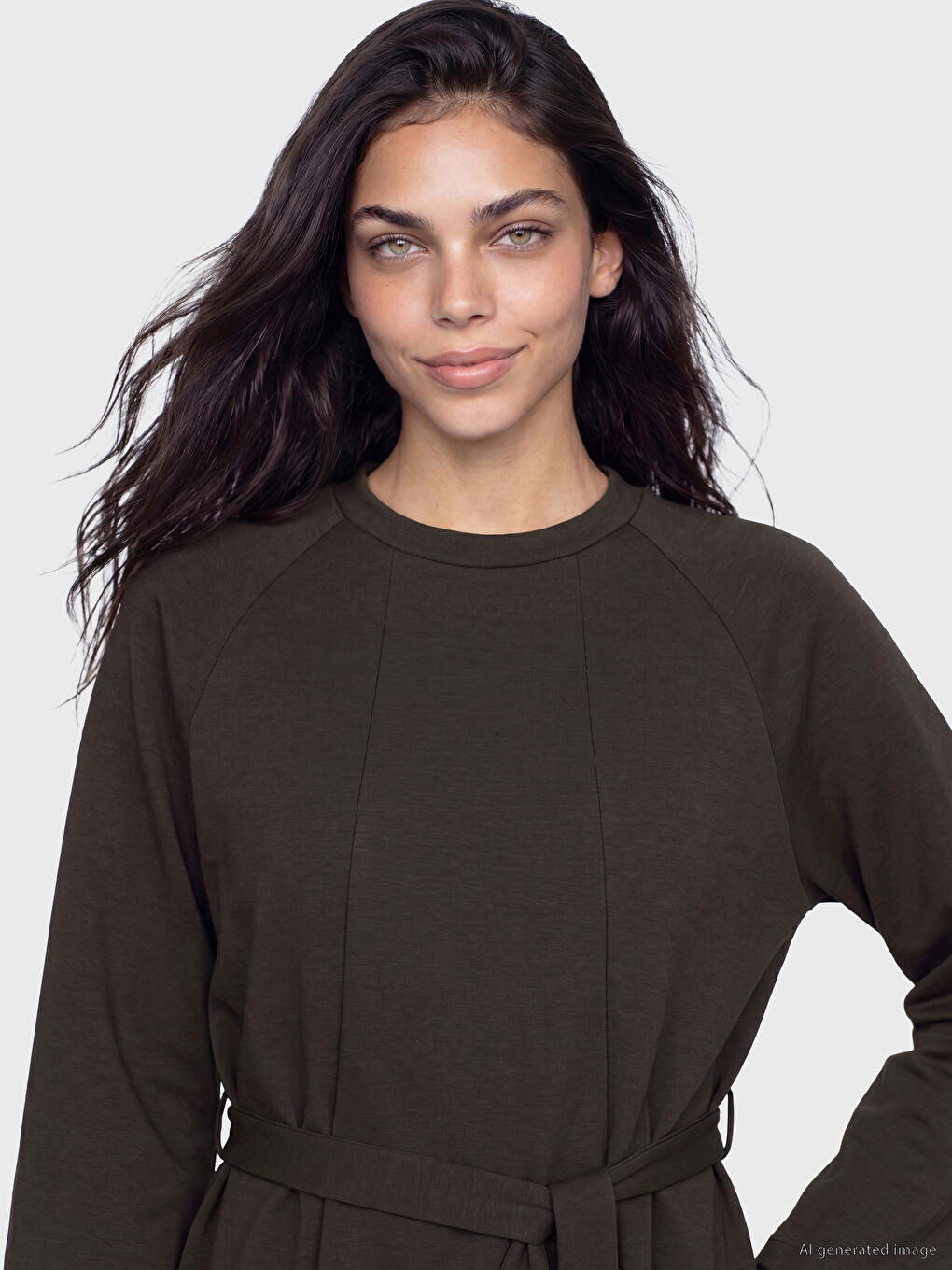 Kahverengi Bisiklet Yaka Soft Touch Kadın Sweatshirt Tunik