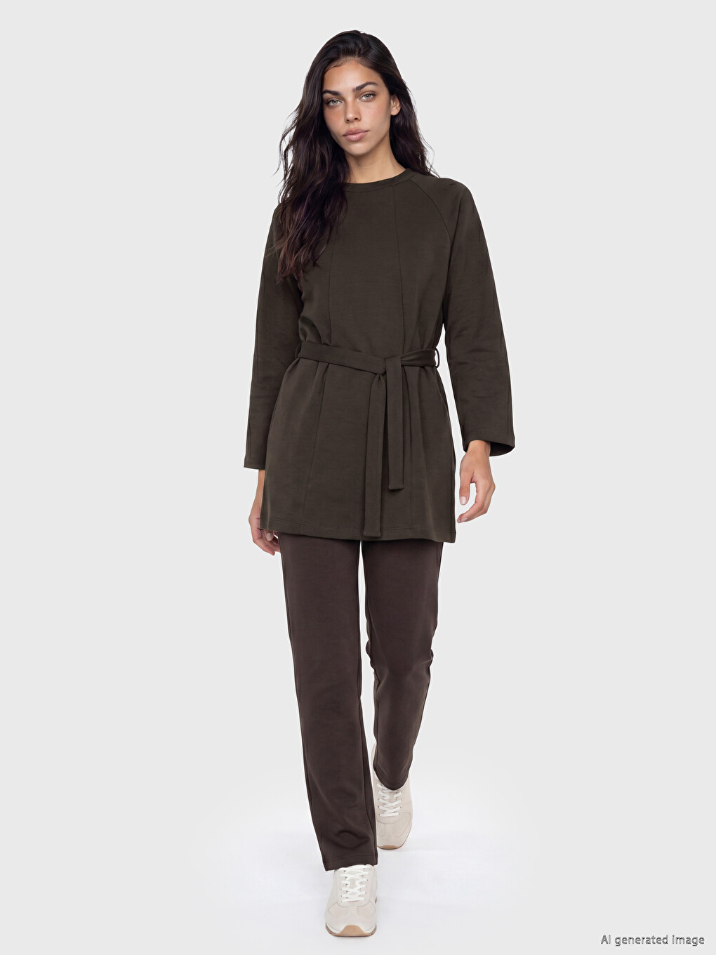 Kahverengi Bisiklet Yaka Soft Touch Kadın Sweatshirt Tunik-1