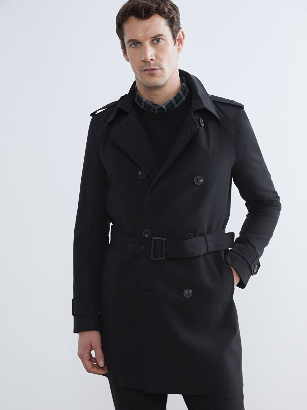 Siyah Slim Fit Ceket Yaka Gabardin Erkek Trençkot