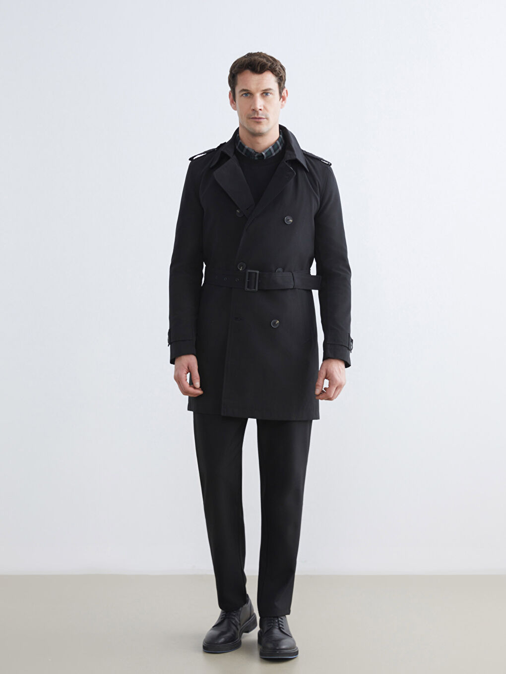 Siyah Slim Fit Ceket Yaka Gabardin Erkek Trençkot-1