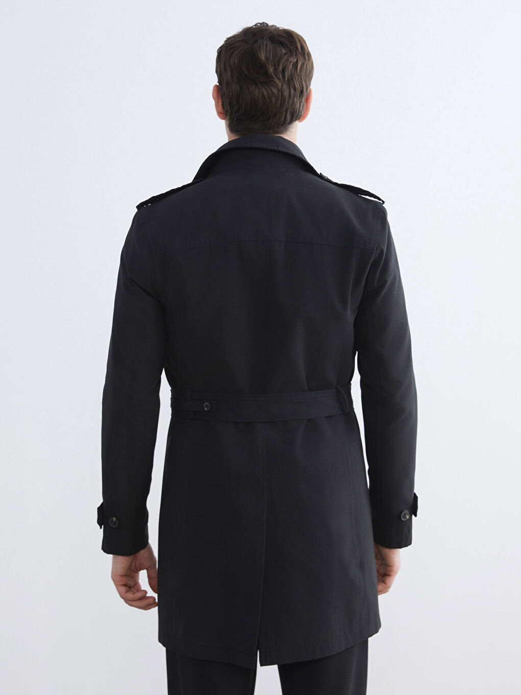 Siyah Slim Fit Ceket Yaka Gabardin Erkek Trençkot-4