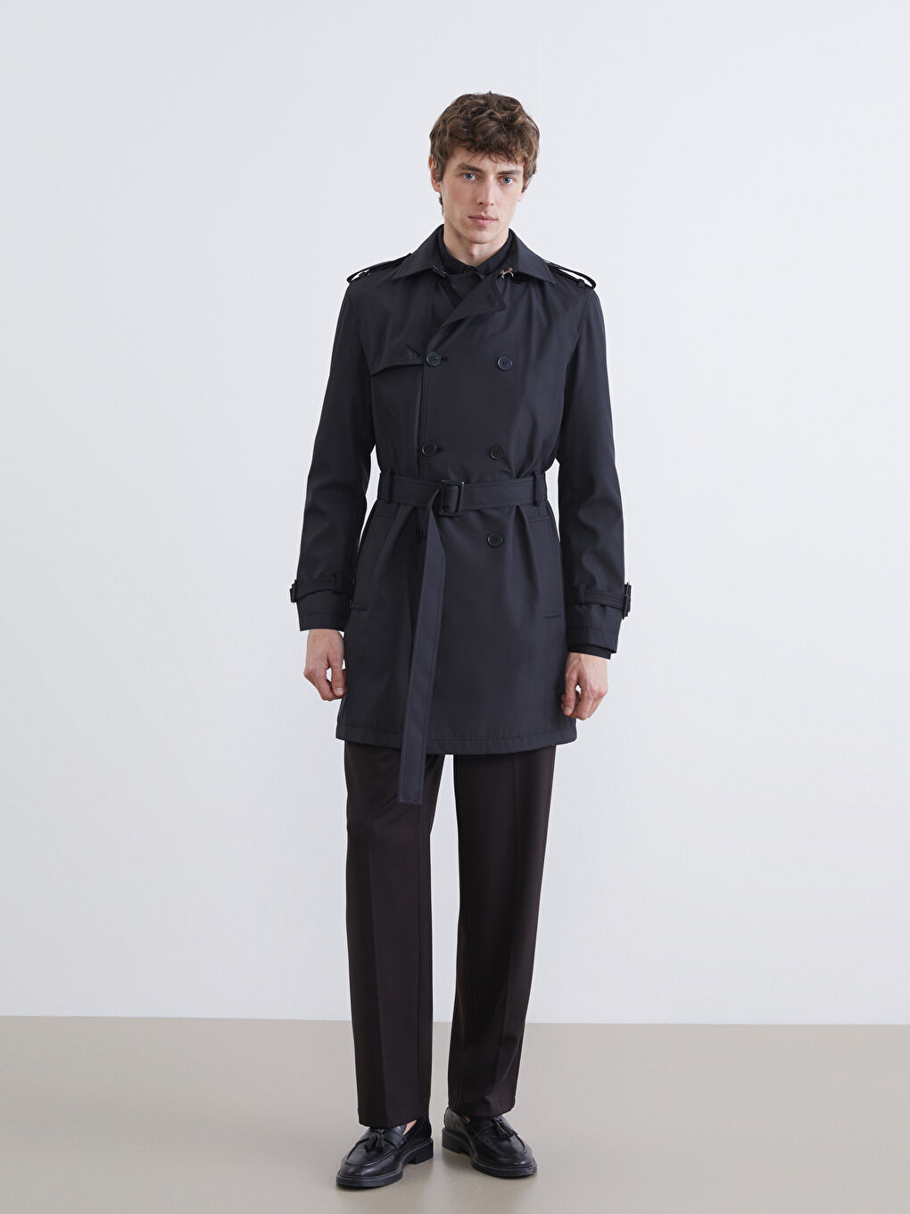 Siyah Standart Kalıp Ceket Yaka Gabardin Erkek Trençkot
