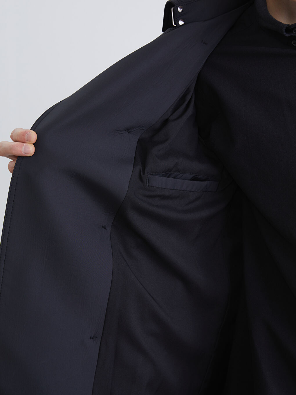 Siyah Standart Kalıp Ceket Yaka Gabardin Erkek Trençkot-1