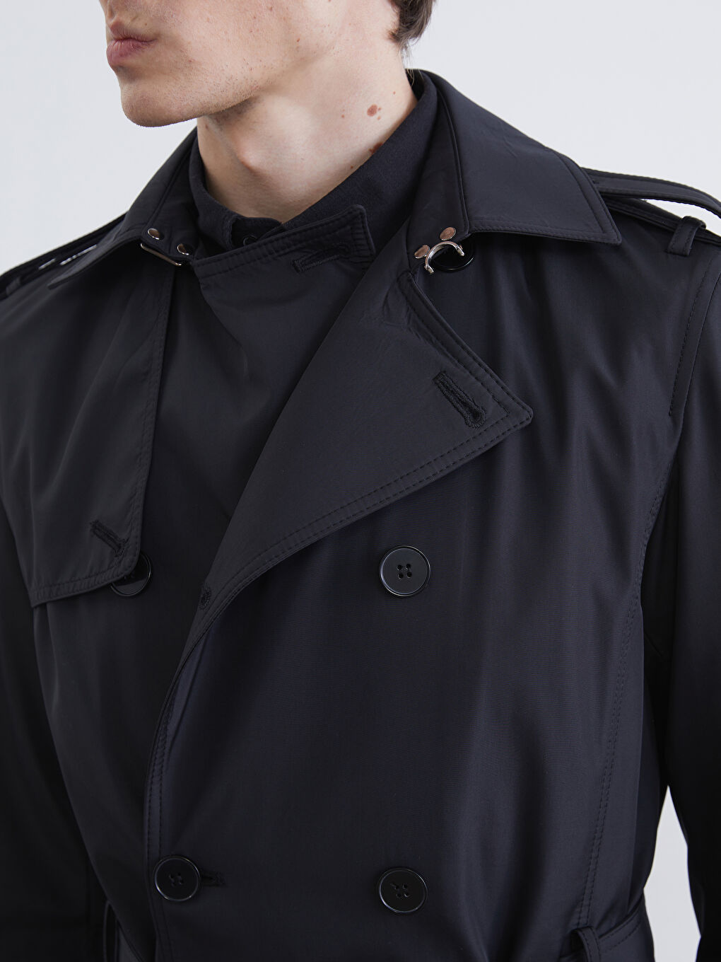 Siyah Standart Kalıp Ceket Yaka Gabardin Erkek Trençkot-2