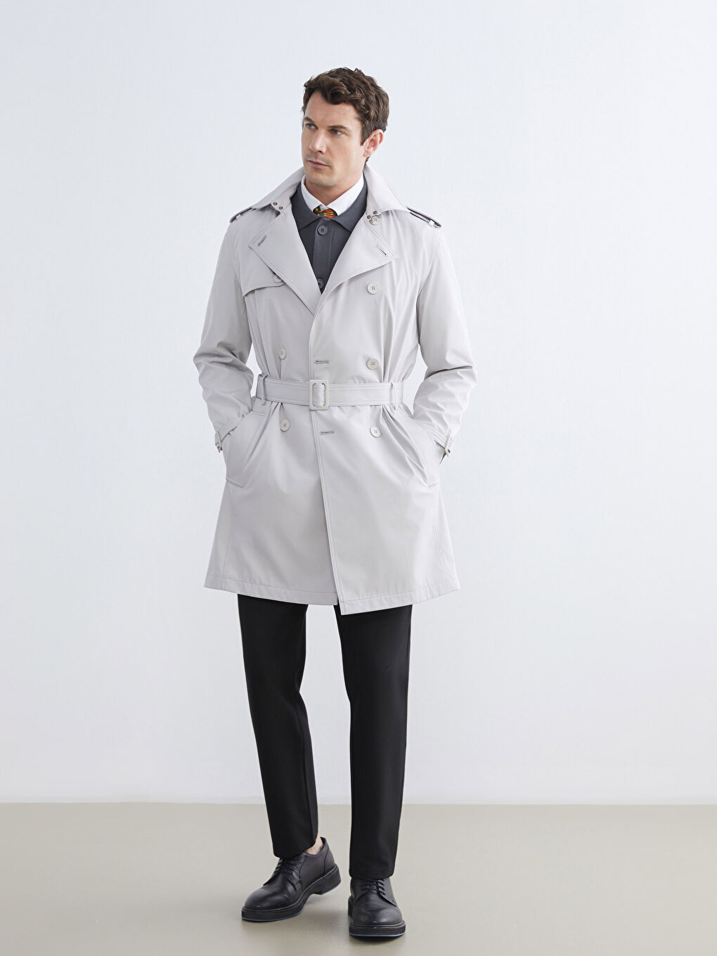 Bej Standart Kalıp Ceket Yaka Gabardin Erkek Trençkot-1