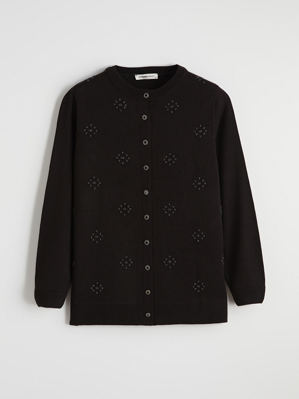 Siyah Bisiklet Yaka Nakışlı Kadın Triko Hırka